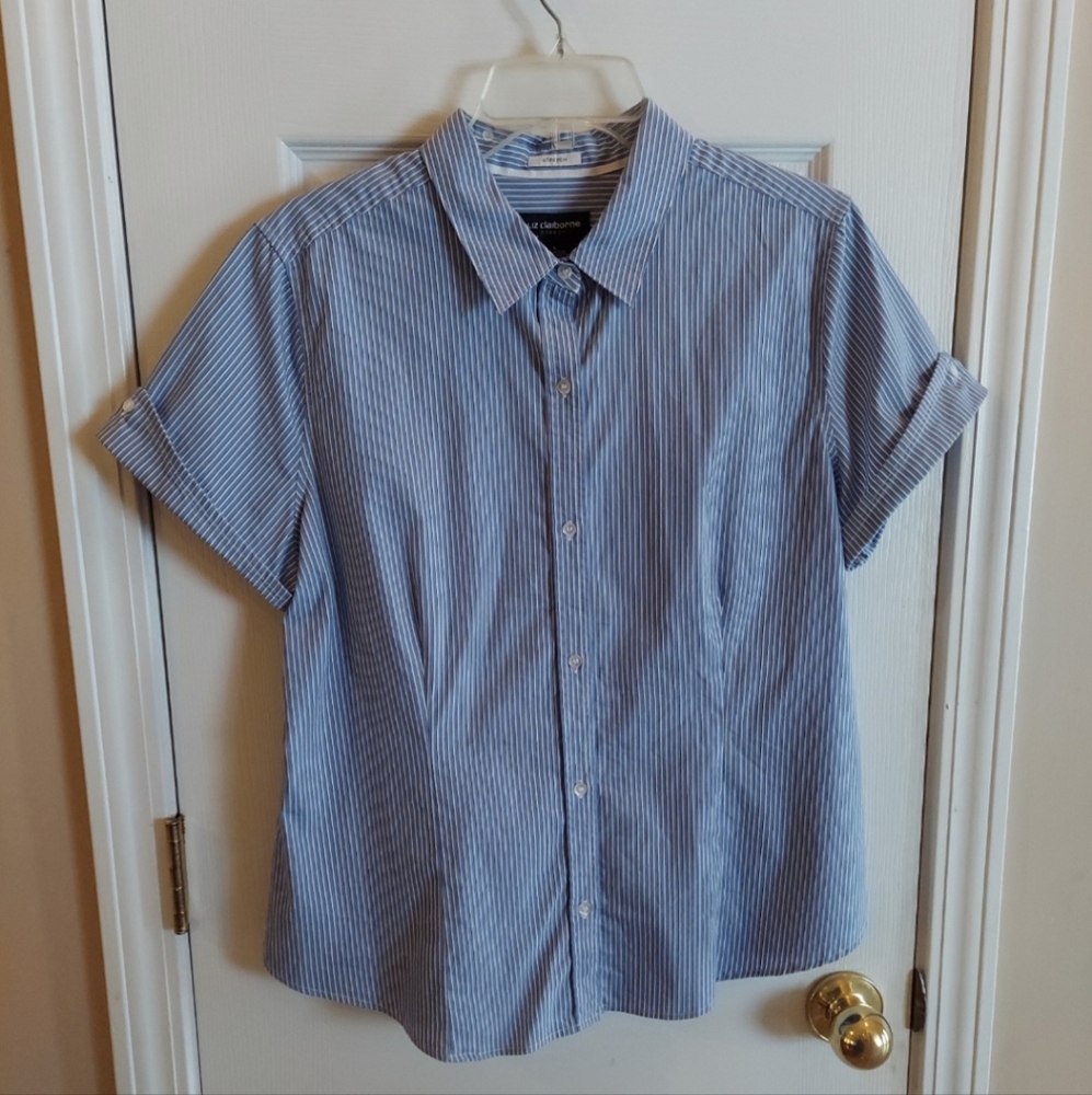 NWOT Liz Claiborne Career - Stretch Short Sleeve Blouse Navy/White LG 38-40"